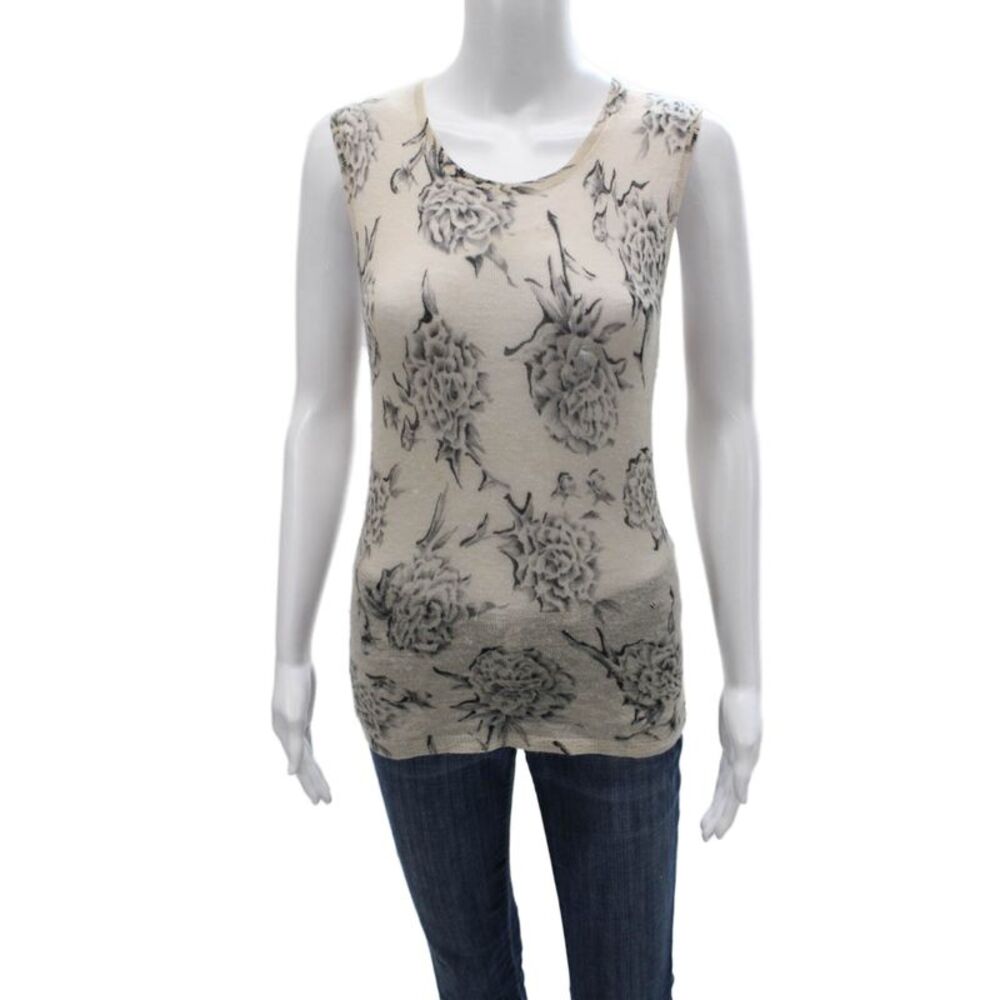Tse Womens Cashmere Floral Tank Round Neck Sleeveless Beige Size M